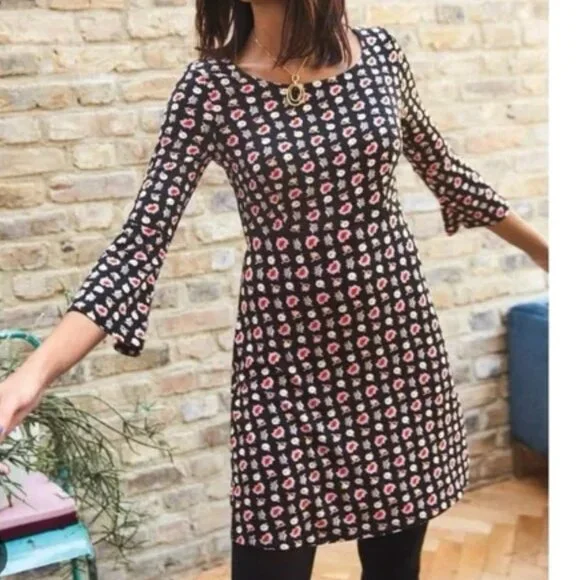 Boden Miriam Jersey Tunic Dress Midi Bell Sleeve Black Floral - Picture 1 of 10